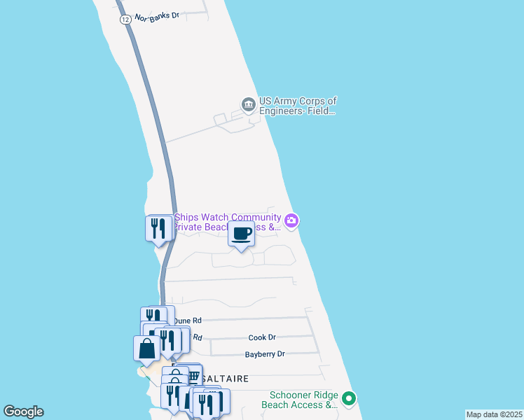 map of restaurants, bars, coffee shops, grocery stores, and more near 144 Spinnaker Court in Duck