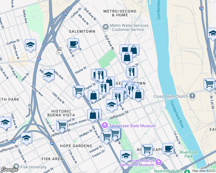 map of restaurants, bars, coffee shops, grocery stores, and more near 506 Monroe Street in Nashville