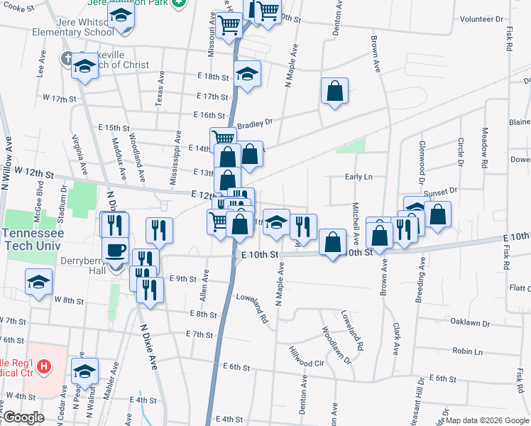 map of restaurants, bars, coffee shops, grocery stores, and more near 1028 Womack Avenue in Cookeville