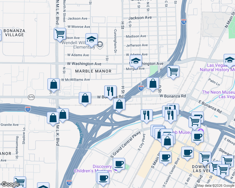 map of restaurants, bars, coffee shops, grocery stores, and more near 803 West Bonanza Road in Las Vegas