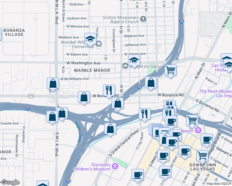 map of restaurants, bars, coffee shops, grocery stores, and more near West Bonanza Road in Las Vegas