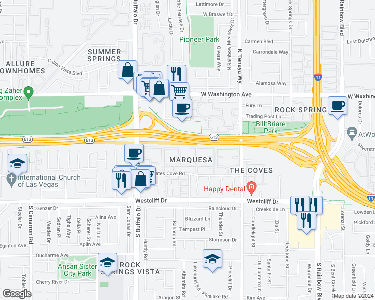 map of restaurants, bars, coffee shops, grocery stores, and more near 7300 West Pirates Cove Road in Las Vegas