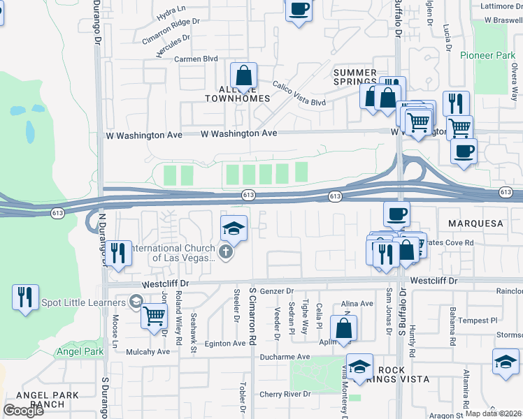map of restaurants, bars, coffee shops, grocery stores, and more near 253 North Cimarron Road in Las Vegas