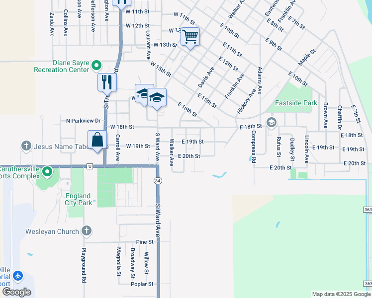 map of restaurants, bars, coffee shops, grocery stores, and more near 301-307 East 20th Street in Caruthersville