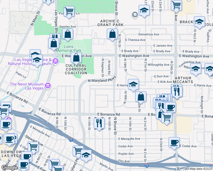 map of restaurants, bars, coffee shops, grocery stores, and more near 1513 East McWilliams Avenue in Las Vegas