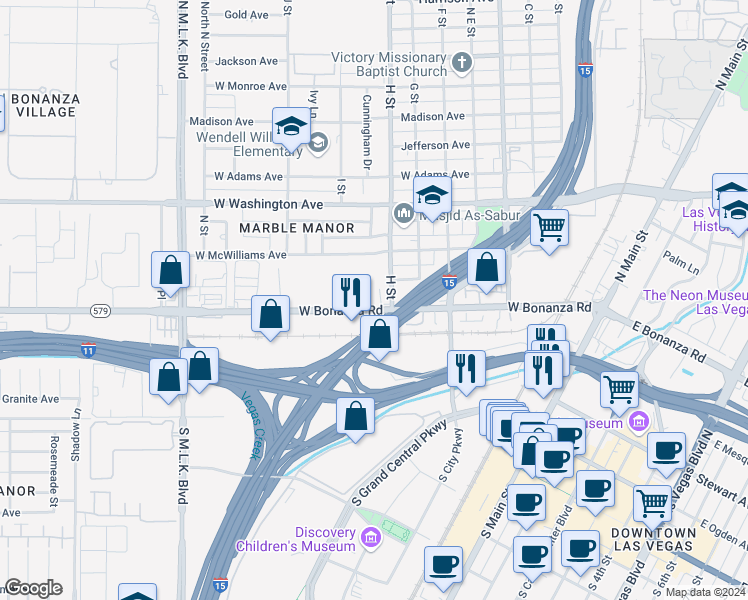 map of restaurants, bars, coffee shops, grocery stores, and more near 803 West Bonanza Road in Las Vegas