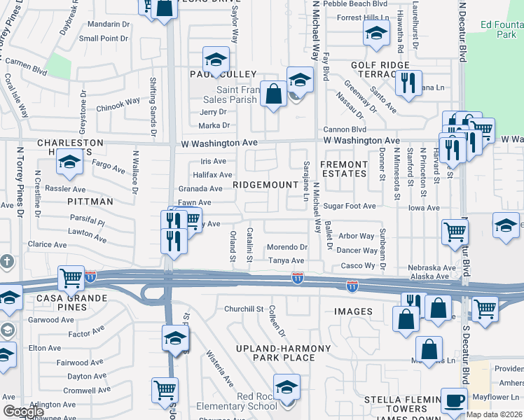map of restaurants, bars, coffee shops, grocery stores, and more near 240 Kipling Street in Las Vegas
