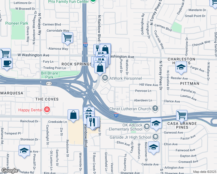 map of restaurants, bars, coffee shops, grocery stores, and more near 6661 Silverstream Avenue in Las Vegas