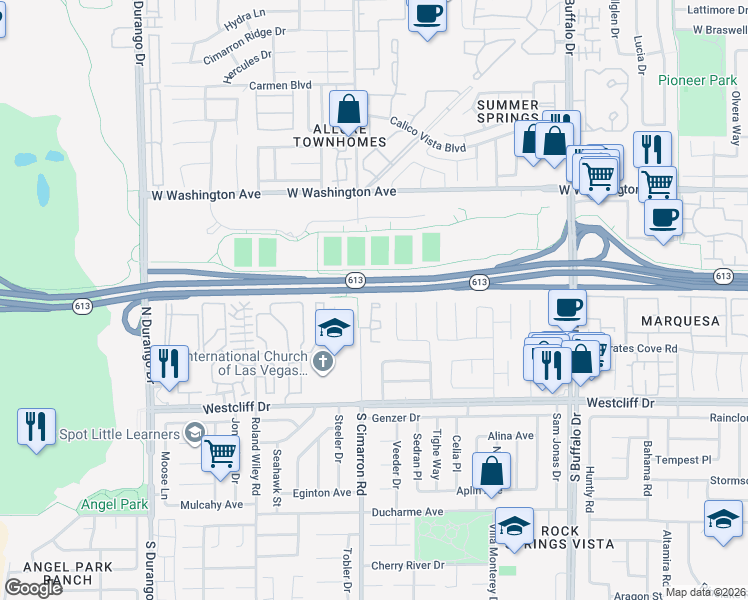 map of restaurants, bars, coffee shops, grocery stores, and more near 253 North Cimarron Road in Las Vegas