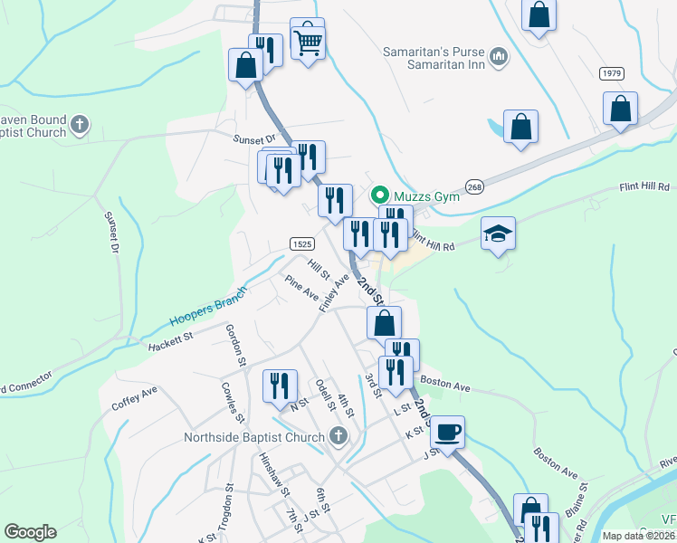 map of restaurants, bars, coffee shops, grocery stores, and more near 209 Finley Avenue in North Wilkesboro