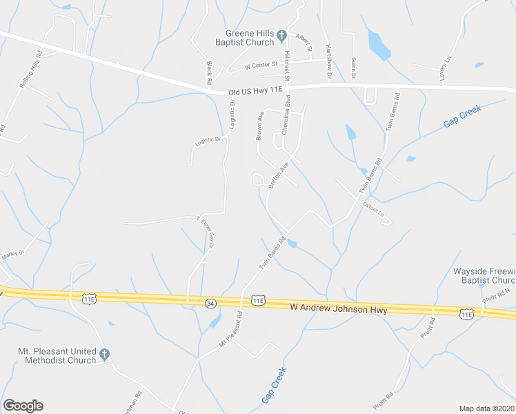 map of restaurants, bars, coffee shops, grocery stores, and more near 416 Britton Avenue in Greeneville