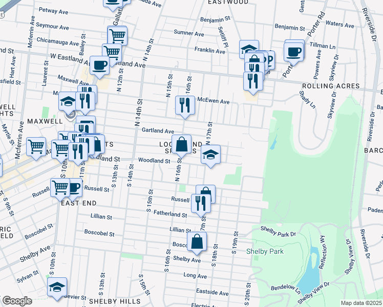 map of restaurants, bars, coffee shops, grocery stores, and more near 1615 Woodland Street in Nashville