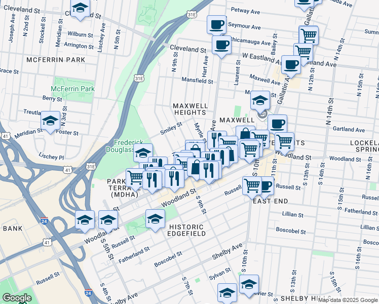 map of restaurants, bars, coffee shops, grocery stores, and more near 900 Ramsey Street in Nashville