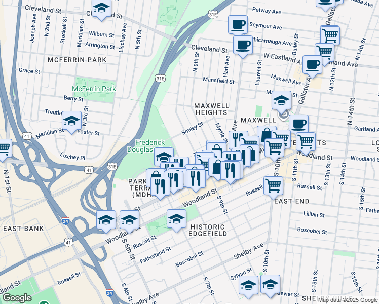 map of restaurants, bars, coffee shops, grocery stores, and more near 100 Neill Avenue in Nashville