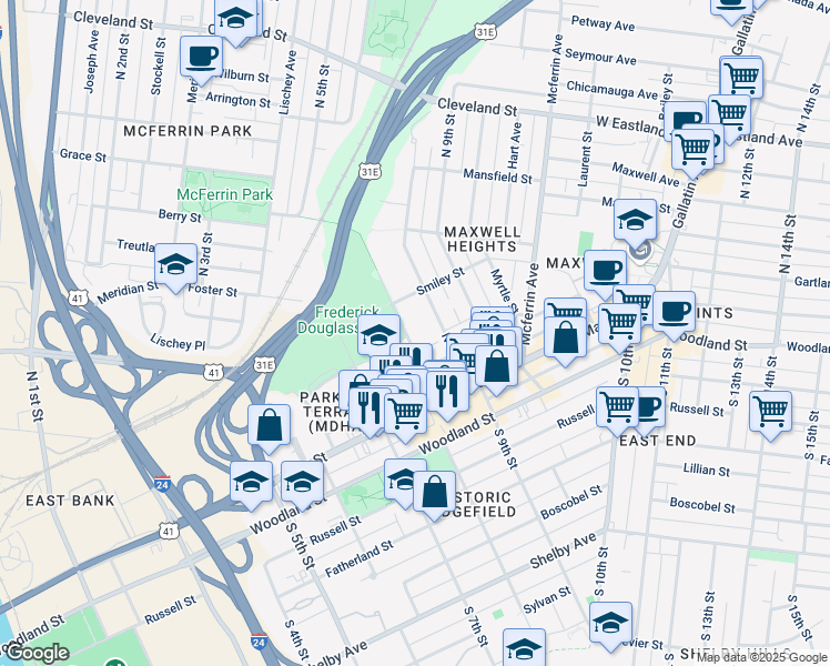 map of restaurants, bars, coffee shops, grocery stores, and more near 201 North 8th Street in Nashville