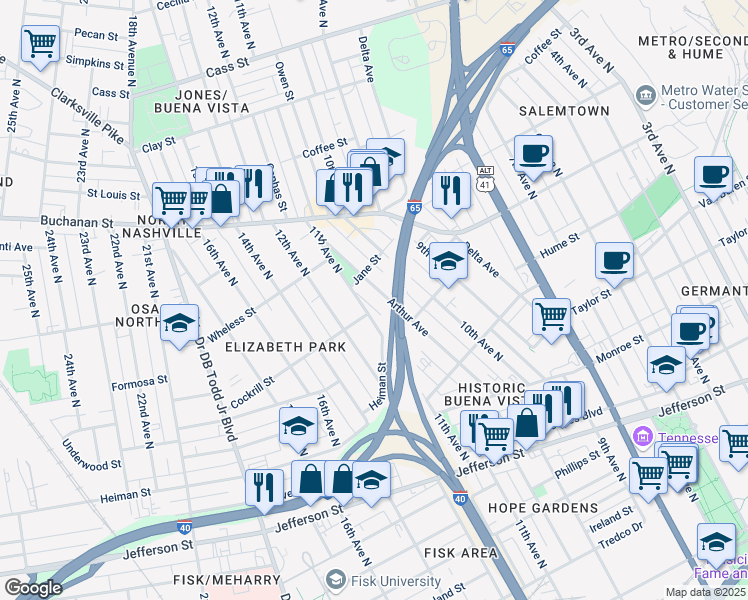 map of restaurants, bars, coffee shops, grocery stores, and more near 1620 11th Avenue North in Nashville