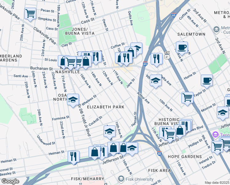 map of restaurants, bars, coffee shops, grocery stores, and more near 1618 14th Avenue in Nashville