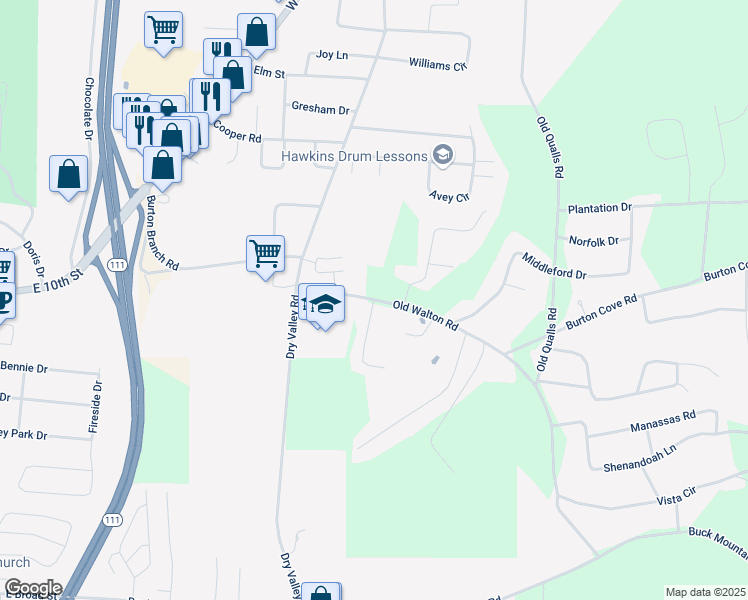 map of restaurants, bars, coffee shops, grocery stores, and more near 2525 Old Walton Road in Cookeville
