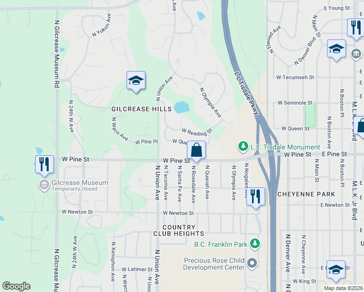 map of restaurants, bars, coffee shops, grocery stores, and more near 1519 West Pine Street in Tulsa
