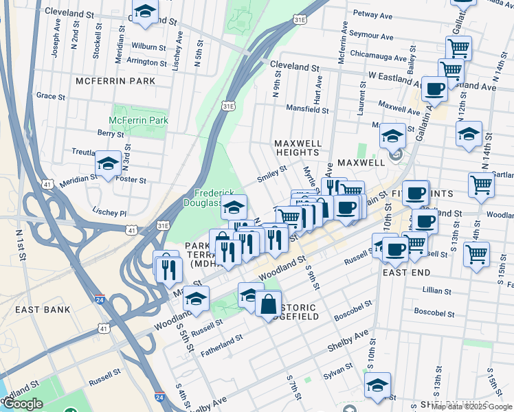 map of restaurants, bars, coffee shops, grocery stores, and more near 201 North 8th Street in Nashville