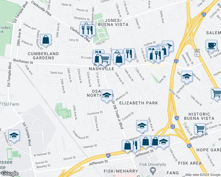 map of restaurants, bars, coffee shops, grocery stores, and more near 1722 Doctor DB Todd Junior Boulevard in Nashville