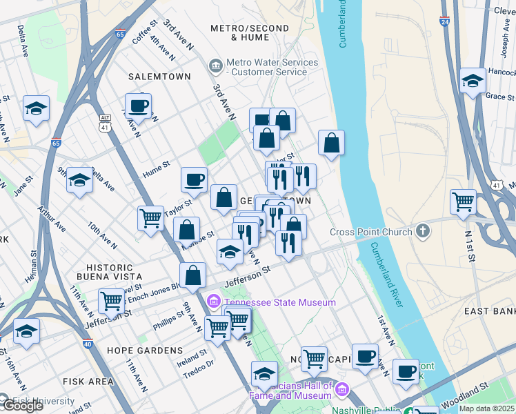 map of restaurants, bars, coffee shops, grocery stores, and more near 1220 4th Avenue North in Nashville