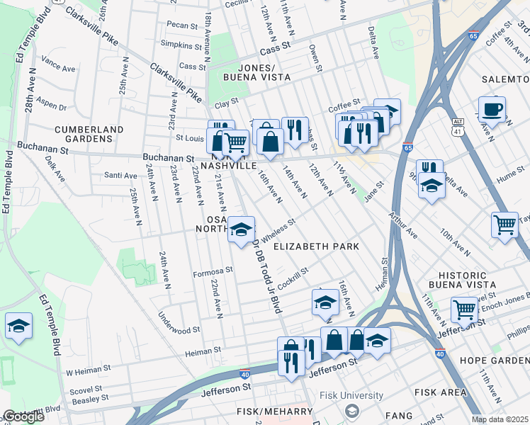 map of restaurants, bars, coffee shops, grocery stores, and more near 1712 17th Avenue North in Nashville