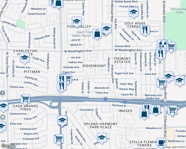 map of restaurants, bars, coffee shops, grocery stores, and more near 5620 Roseridge Avenue in Las Vegas