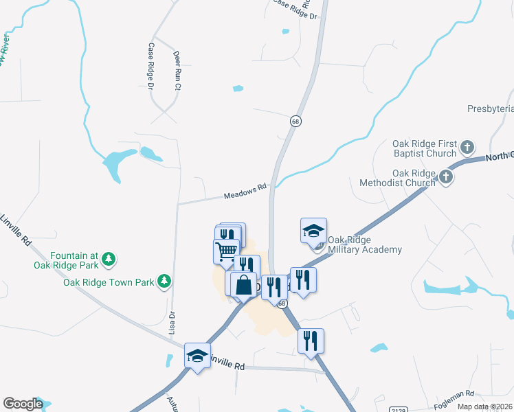 map of restaurants, bars, coffee shops, grocery stores, and more near 1747-1799 Highway 68 in Oak Ridge