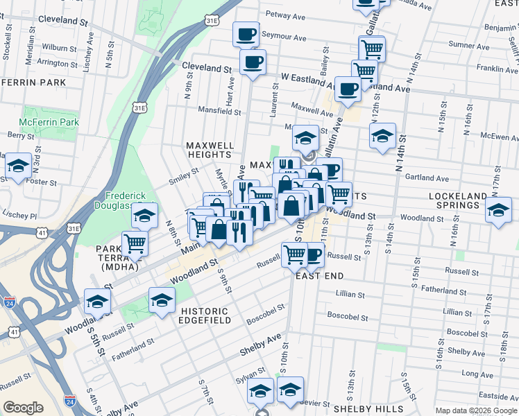 map of restaurants, bars, coffee shops, grocery stores, and more near 942 Main Street in Nashville