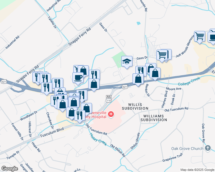 map of restaurants, bars, coffee shops, grocery stores, and more near East Andrew Johnson Highway in Greeneville