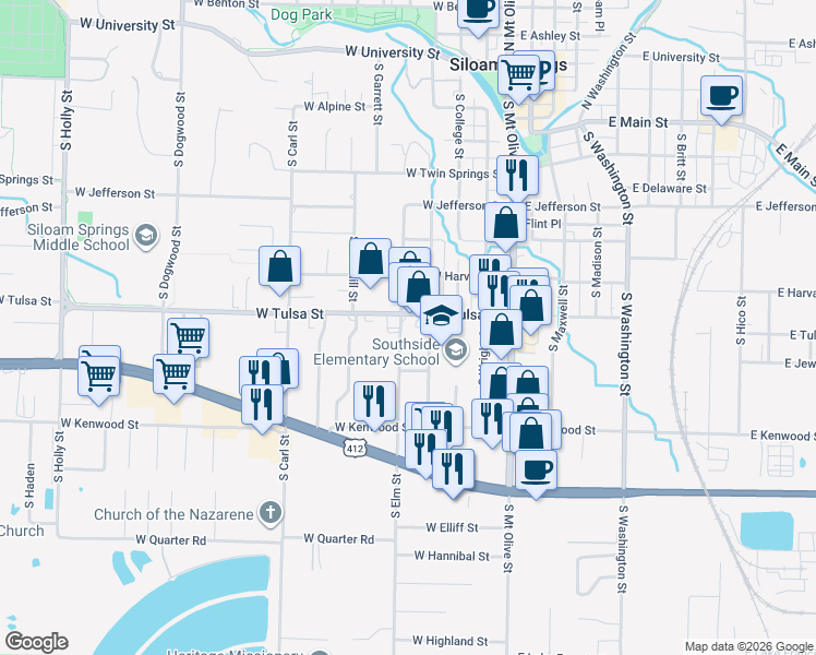 map of restaurants, bars, coffee shops, grocery stores, and more near 818 South Maple Street in Siloam Springs