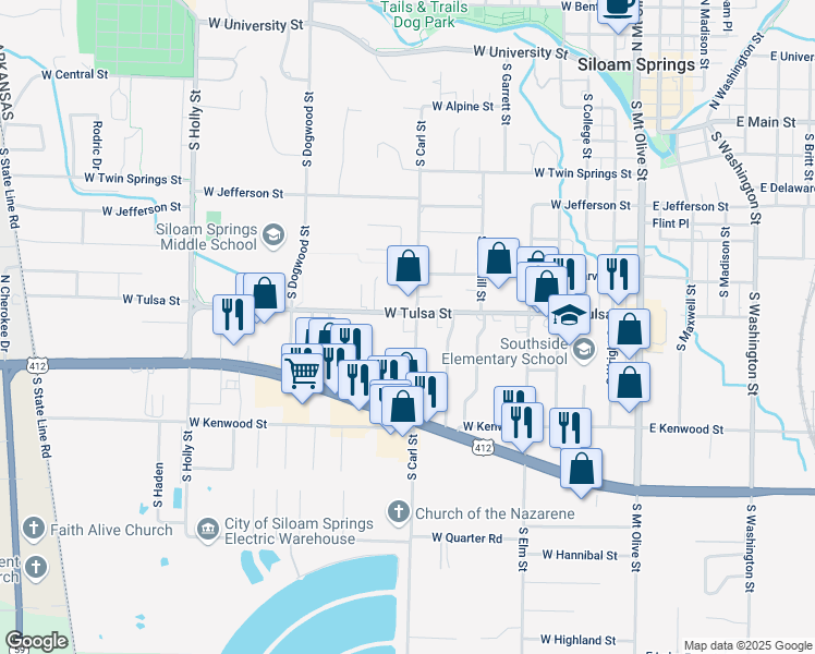 map of restaurants, bars, coffee shops, grocery stores, and more near 900 West Tulsa Street in Siloam Springs
