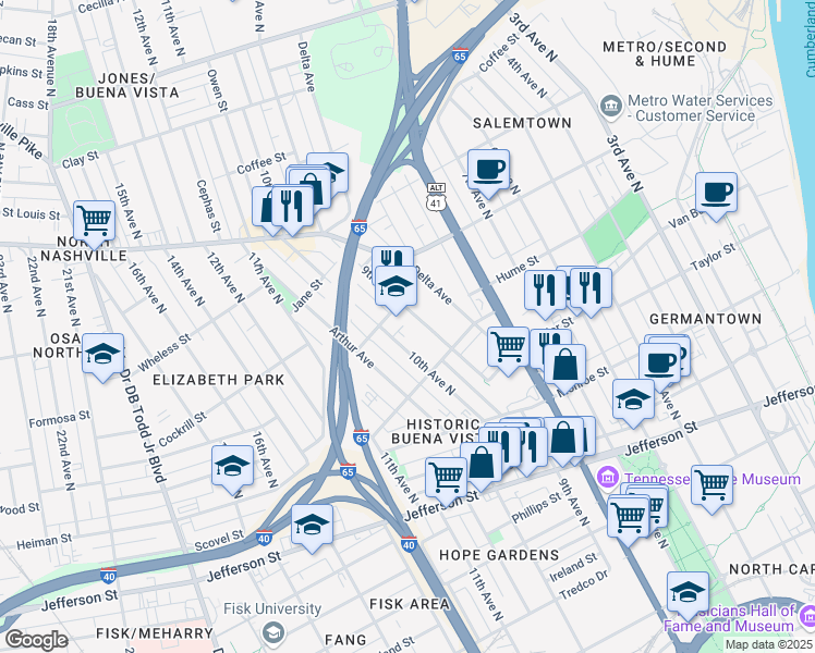 map of restaurants, bars, coffee shops, grocery stores, and more near 1531 9th Avenue North in Nashville