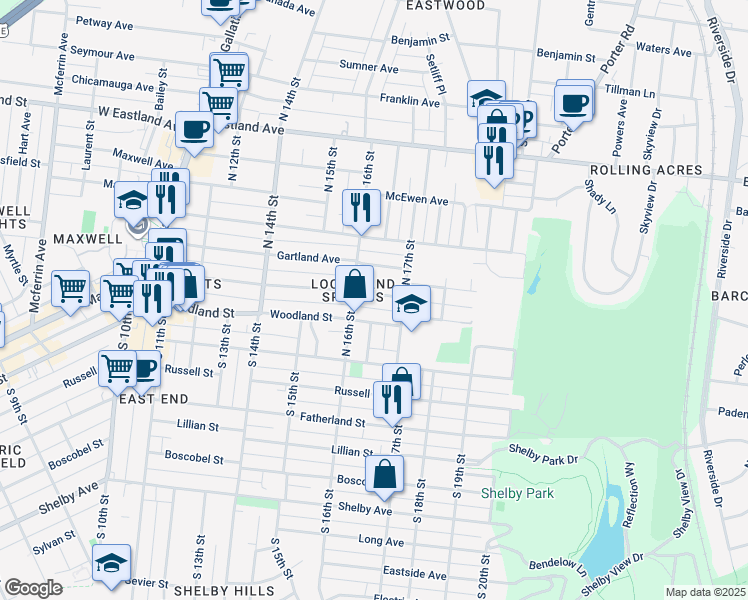 map of restaurants, bars, coffee shops, grocery stores, and more near 1615 Woodland Street in Nashville