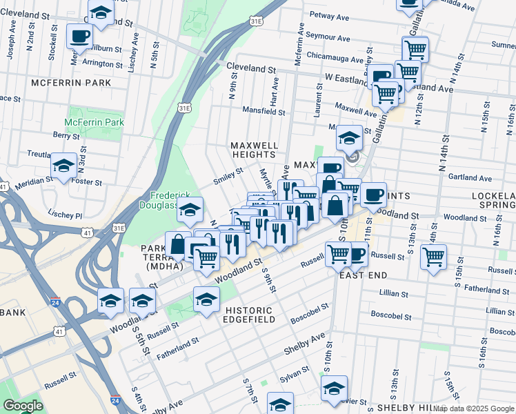 map of restaurants, bars, coffee shops, grocery stores, and more near 900 Ramsey Street in Nashville