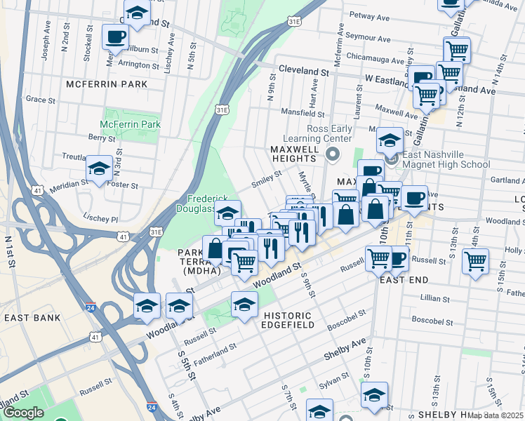 map of restaurants, bars, coffee shops, grocery stores, and more near 100 Neill Avenue in Nashville