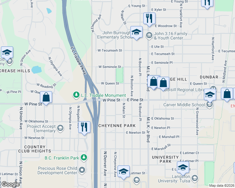 map of restaurants, bars, coffee shops, grocery stores, and more near 1508 North Main Street in Tulsa