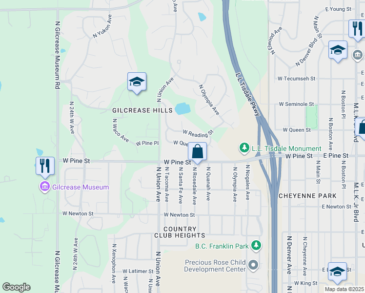 map of restaurants, bars, coffee shops, grocery stores, and more near 1519 West Pine Street in Tulsa