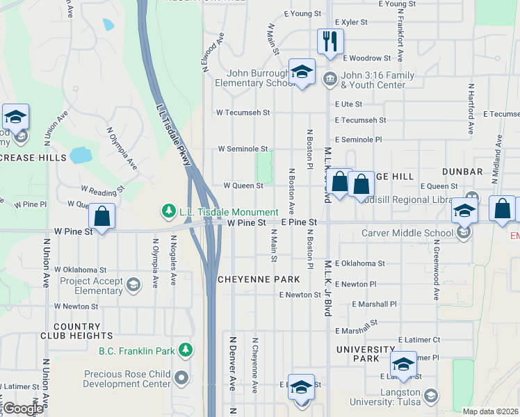 map of restaurants, bars, coffee shops, grocery stores, and more near 1508 North Main Street in Tulsa