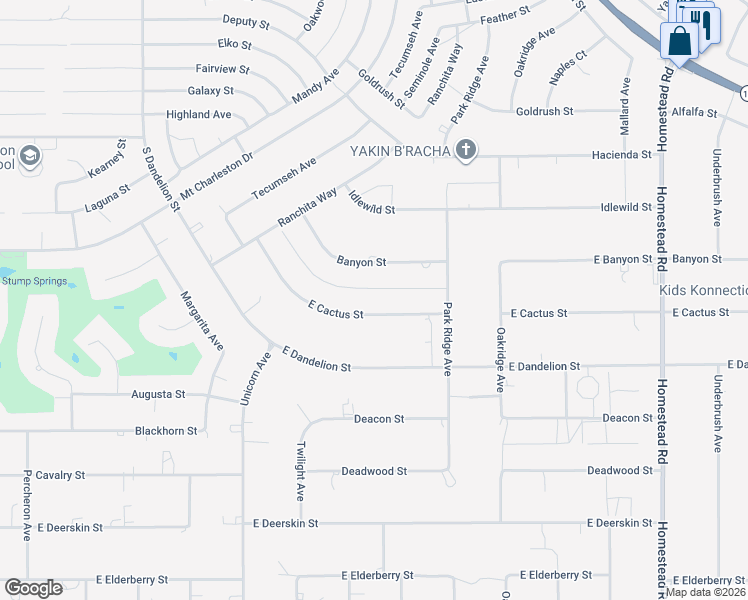 map of restaurants, bars, coffee shops, grocery stores, and more near 2330 East Cactus Street in Pahrump