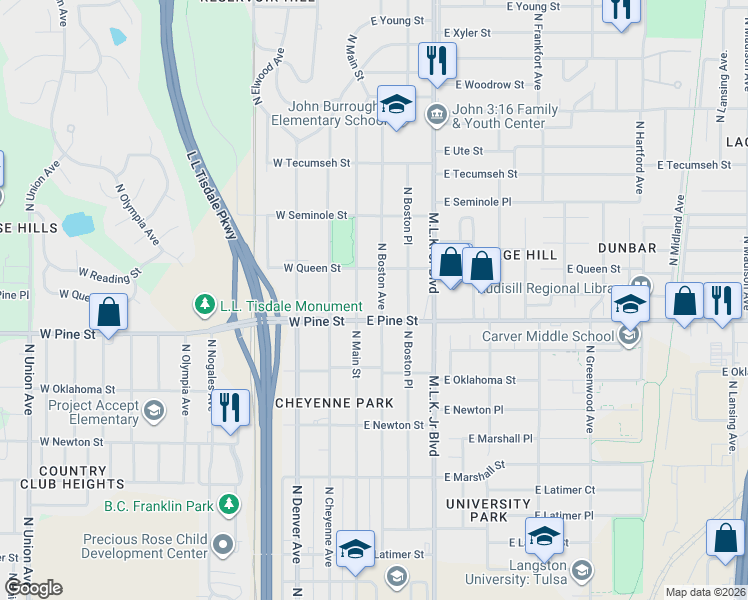 map of restaurants, bars, coffee shops, grocery stores, and more near 1507 North Boston Avenue in Tulsa