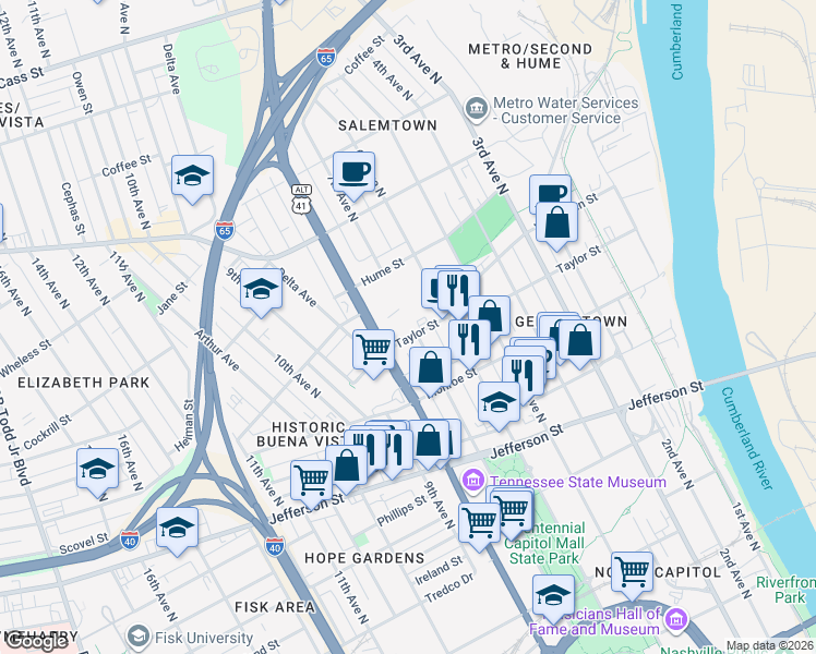 map of restaurants, bars, coffee shops, grocery stores, and more near 706 Taylor Street in Nashville