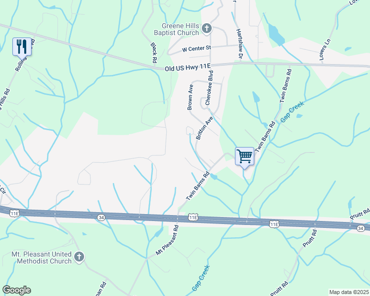 map of restaurants, bars, coffee shops, grocery stores, and more near 392 Britton Avenue in Greeneville