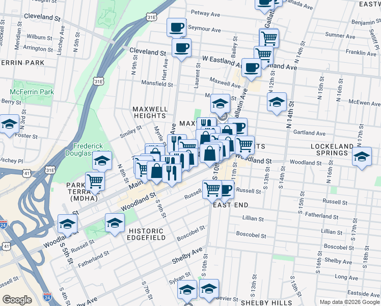 map of restaurants, bars, coffee shops, grocery stores, and more near 942 Main Street in Nashville