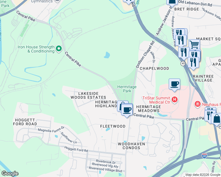 map of restaurants, bars, coffee shops, grocery stores, and more near 3754 Central Pike in Nashville