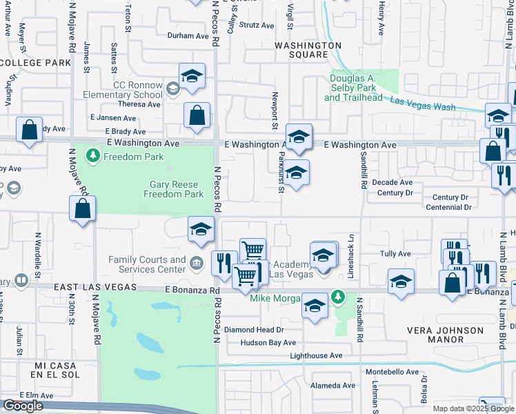 map of restaurants, bars, coffee shops, grocery stores, and more near 3616 East Harris Avenue in Las Vegas