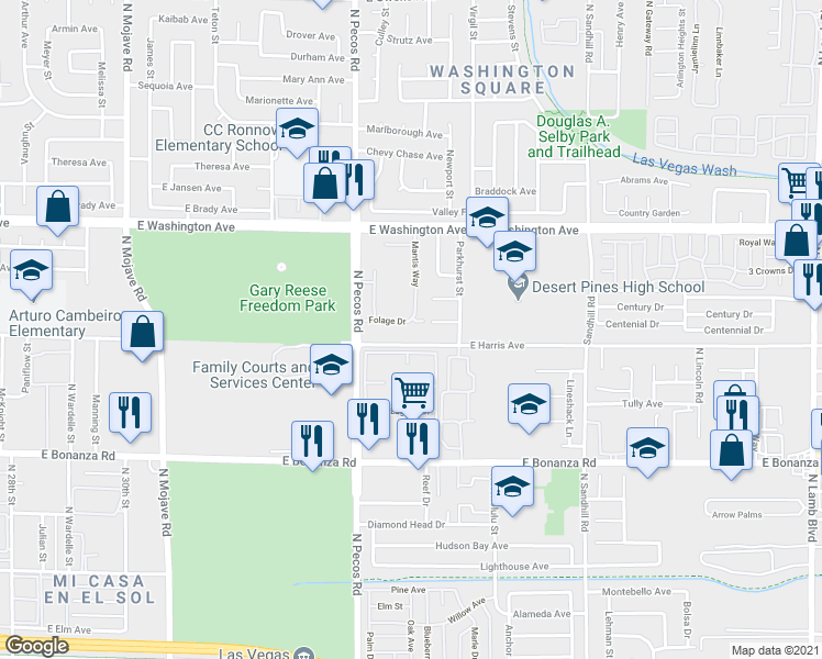 map of restaurants, bars, coffee shops, grocery stores, and more near 3526 East Harris Avenue in Las Vegas