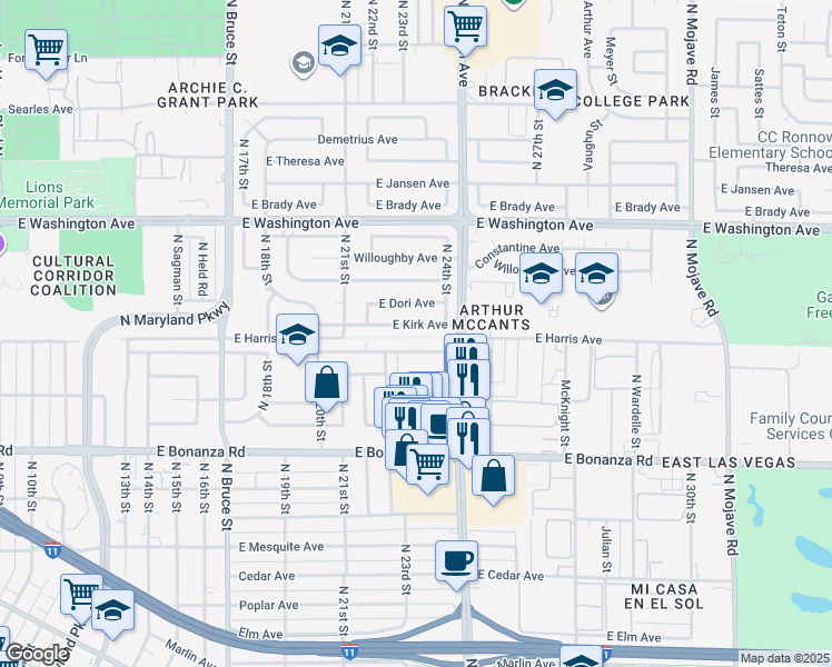 map of restaurants, bars, coffee shops, grocery stores, and more near 2405 East McWilliams Avenue in Las Vegas