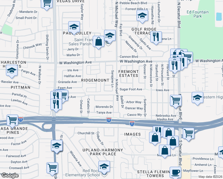 map of restaurants, bars, coffee shops, grocery stores, and more near 5505 Bromley Avenue in Las Vegas